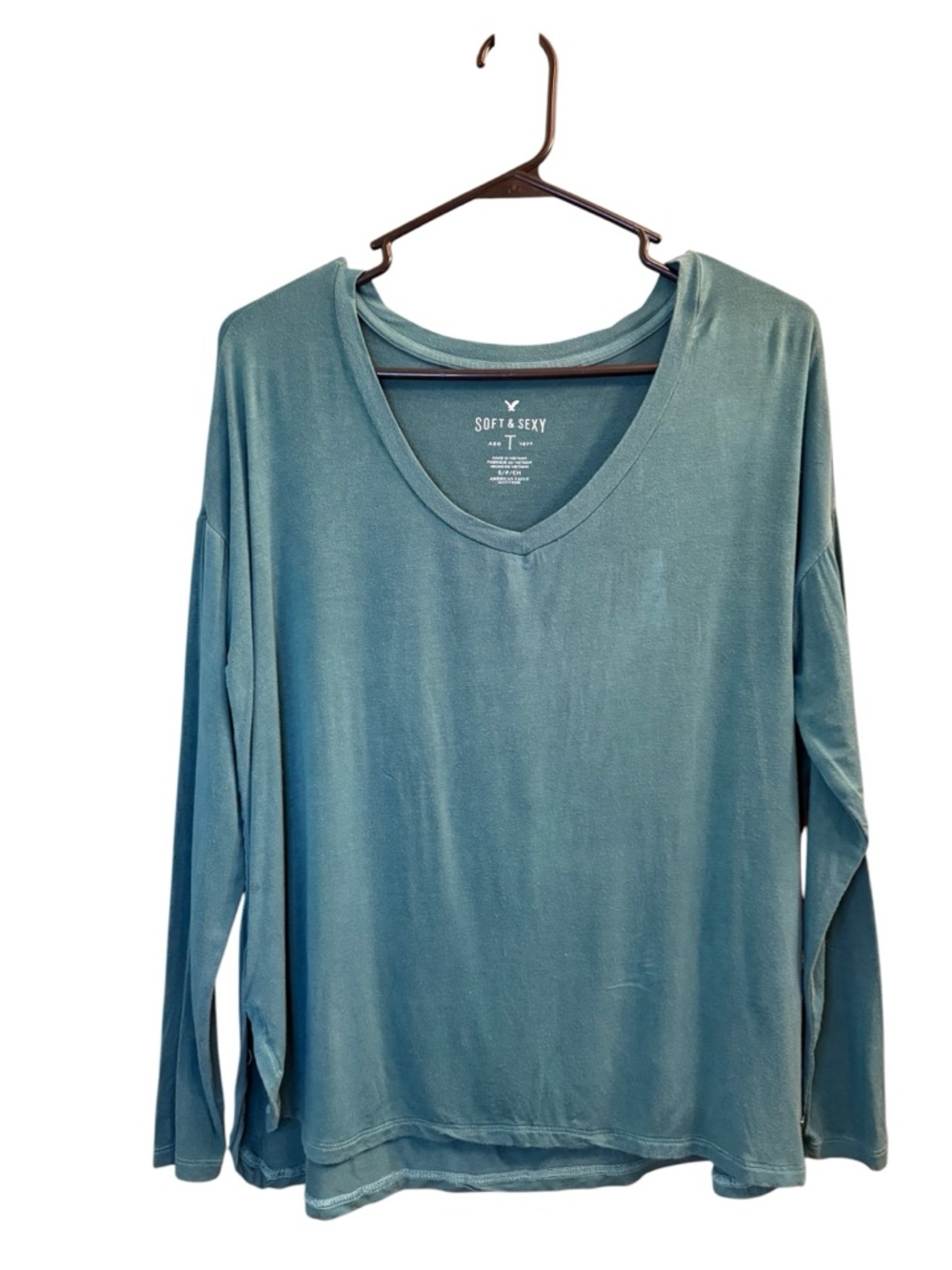 Women's American Eagle Soft & Sexy Teal/Green V-Neck Flowy Long Sleeve Top